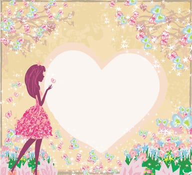 beautiful girly decorative card with fairy, flowers and butterflies - heart-shaped frame