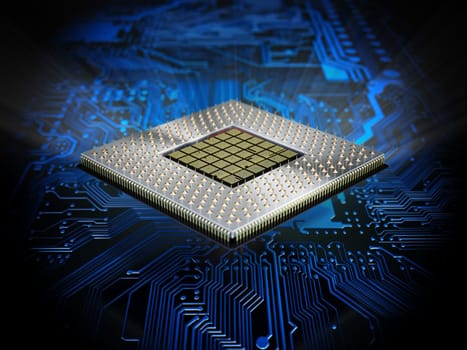 CPU with blue light on the mainboard. 3D illustration.