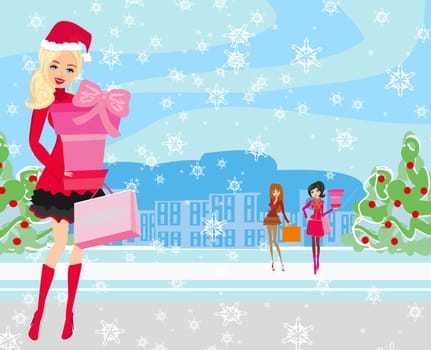 Beautiful girls on winter shopping