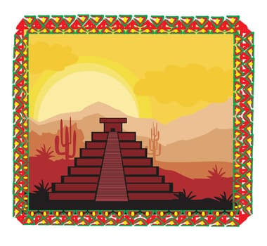 Mayan Pyramid, Chichen-Itza, Mexico - landscape with ornate traditional mexican frame