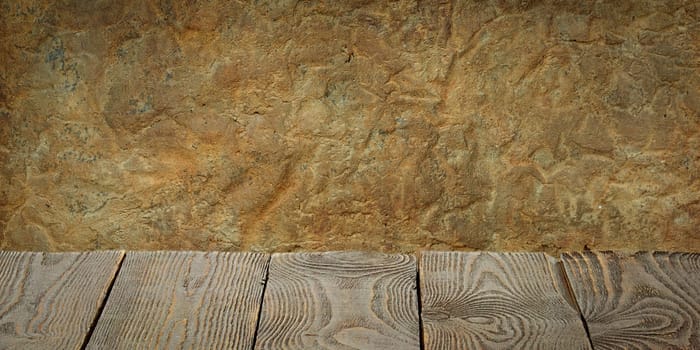The background is blank wooden boards and a textured plastered wall with lighting and vignetting. For product demonstrations, free space, layout, mockup, perspective board, background board.