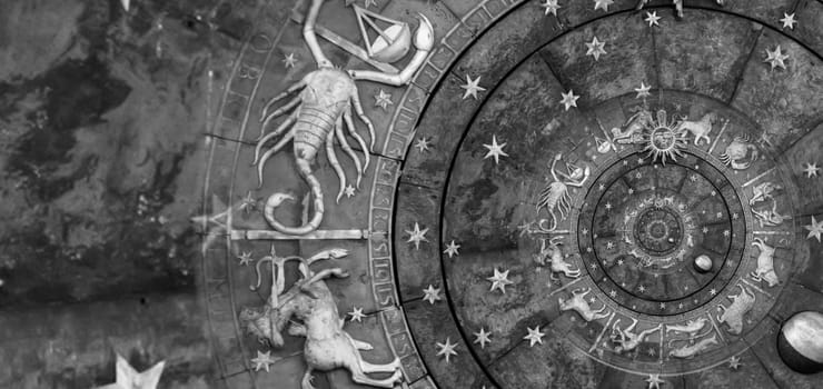 Astrological background with zodiac signs and symbol - black