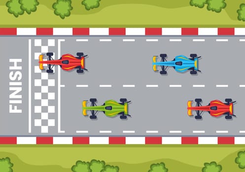 Formula Racing Sport Car Reach on Race Circuit the Finish Line Cartoon Illustration to Win the Championship in Flat Style Design