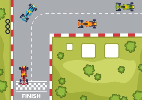 Formula Racing Sport Car Reach on Race Circuit the Finish Line Cartoon Illustration to Win the Championship in Flat Style Design