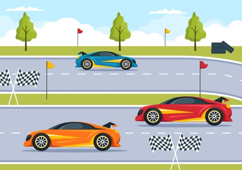 Formula Racing Sport Car Reach on Race Circuit the Finish Line Cartoon Illustration to Win the Championship in Flat Style Design