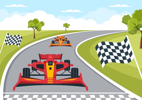 Formula Racing Sport Car Reach on Race Circuit the Finish Line Cartoon Illustration to Win the Championship in Flat Style Design