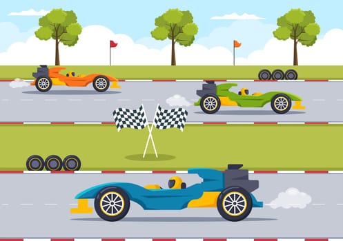 Formula Racing Sport Car Reach on Race Circuit the Finish Line Cartoon Illustration to Win the Championship in Flat Style Design
