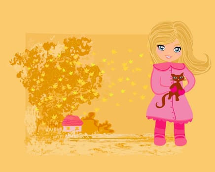 sweet girl in autumn park and her cat