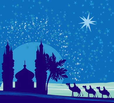 Classic three magic scene and shining star of Bethlehem, vector illustration