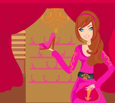 Fashion girl shopping in shoe shop vector illustration