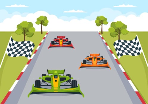 Formula Racing Sport Car Reach on Race Circuit the Finish Line Cartoon Illustration to Win the Championship in Flat Style Design