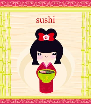 beautiful Asian girl enjoy sushi - menu template