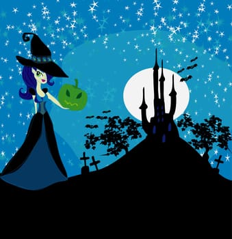 Halloween witch standing with pumpkin