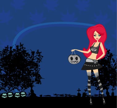 Halloween witch standing with pumpkins