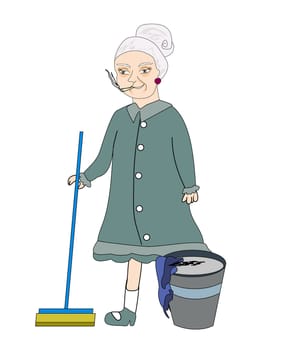 cartoon character housemaid with broom vector illustration, isolated on white background