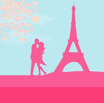 Romantic couple in Paris kissing near the Eiffel Tower