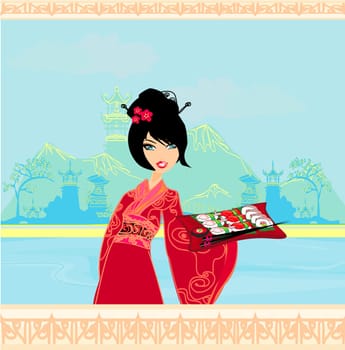 beautiful Asian girl enjoy sushi - menu template
