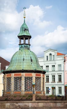 Town hall and Waterwork tower in historic Wismar, Germany