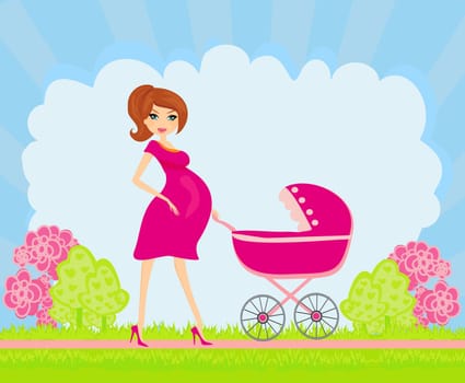 beautiful pregnant woman pushing a stroller