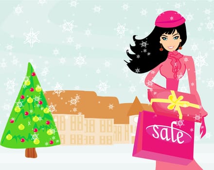 fashion shopping girl with shopping bags and gift box
