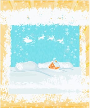 Happy New year card with Santa and winter landscape