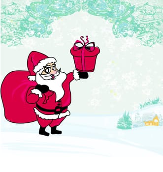 Happy New year card with Santa and winter landscape