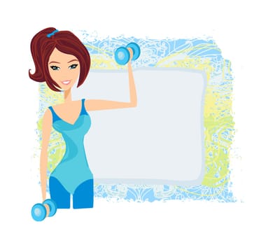 fit brunette woman exercising with two dumbbell weights on her hands
