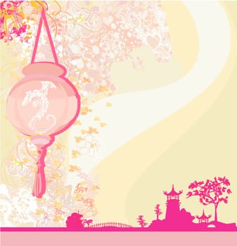 old paper with Asian Landscape and Chinese Lanterns