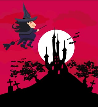 Witch flying on a broom in moonlight.