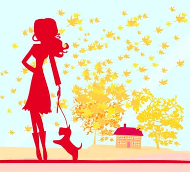Girl walking with her dog in autumn landscape.