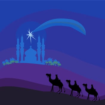 Classic three magic scene and shining star of Bethlehem, vector illustration