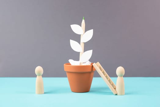 Growing a plant, having an idea, planning a strategy, teamwork for success step by step concept, progress in business and education, have a goal