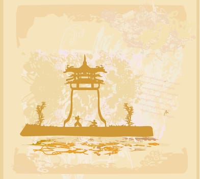 Samurai silhouette in Asian Landscape