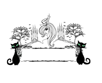 Halloween witch and her cat - abstract grunge frame