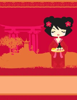 beautiful Asian girl enjoy sushi - menu template