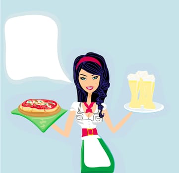 beautiful woman serving pizza