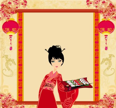 beautiful Asian girl enjoy sushi - menu template