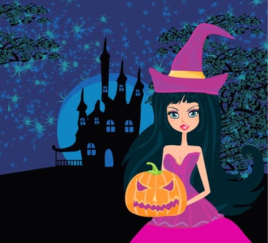 Halloween witch standing with pumpkin