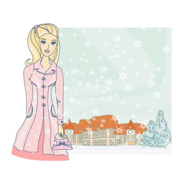 fashion winter girl with shopping bags