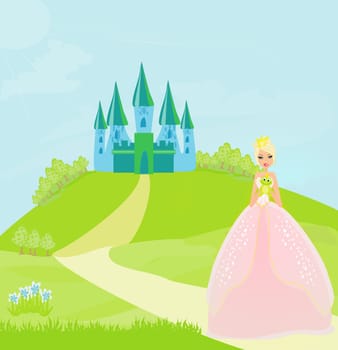 Beautiful young princess holding a big green frog