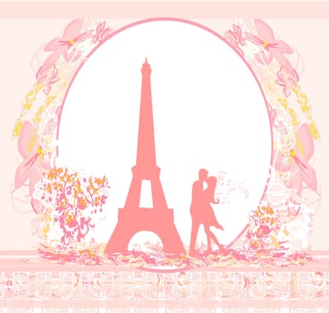 Romantic couple in Paris kissing near the Eiffel Tower