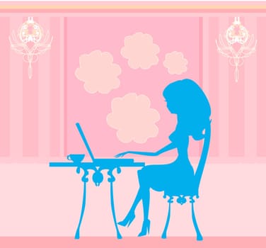 Online shopping - young smiling woman sitting with laptop comput