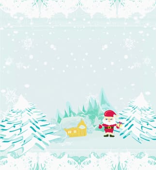 Happy New year card with Santa and winter landscape
