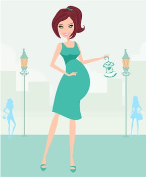 Beautiful pregnant woman on shopping for her new baby Vector