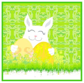 Illustration of happy Easter bunny carrying egg