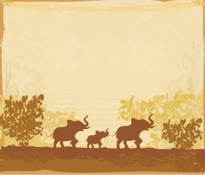 grunge background with elephant family