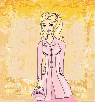 Autumnal fashion girl in a coat in sketch-style. Vector illustration.