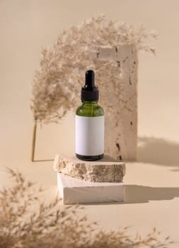 White plastic cream tube on travertine stone on light yellow, close up, mockup. Skincare beauty product. Natural cosmetics. Minimal composition..