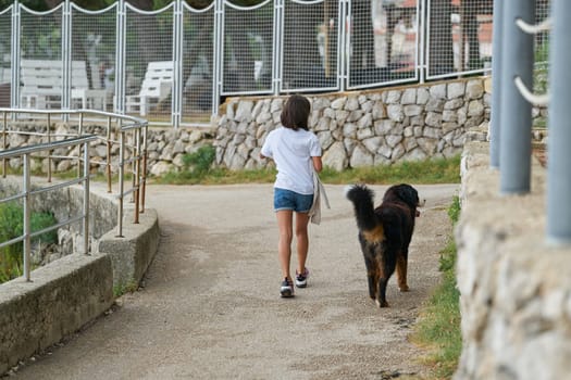 young girl walking with her dog in the morning near town Krk in Croatia