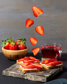 Levitation Fruit dessert sandwiches. Diet healthy food, breakfast, snack. Selective focus. Food levitation concept.